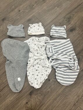 Set of 3 baby swaddle sleep sack and matching hat pajamas with Stars and Stripes